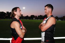 Marrar assistant coach Zach Walgers and North Wagga vice captain Ky Hanlon ahead of the clash between the Saints and Bombers on Thursday night. Picture by Tom Dennis