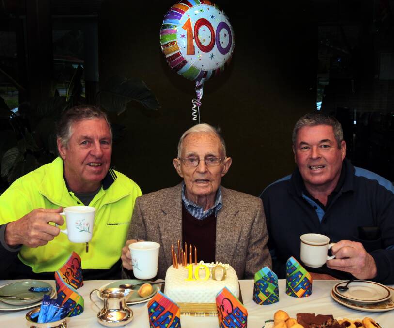 MANY HAPPY RETURNS: Kevin Heydon celebrates his 100th birthday with sons Don Heydon and Bruce Heydon at the Kooringal Parish Centre. Picture: Les Smith