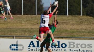 Temora winger Joel Kelly flies high to reel in the ball and score one of his three tries for the game against Brothers at Equex Centre on Saturday. Picture by Tom Dennis