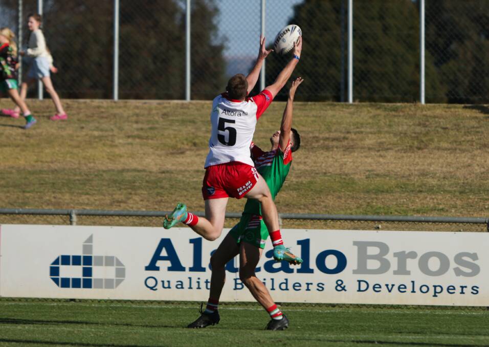 Temora winger Joel Kelly flies high to reel in the ball and score one of his three tries for the game against Brothers at Equex Centre on Saturday. Picture by Tom Dennis