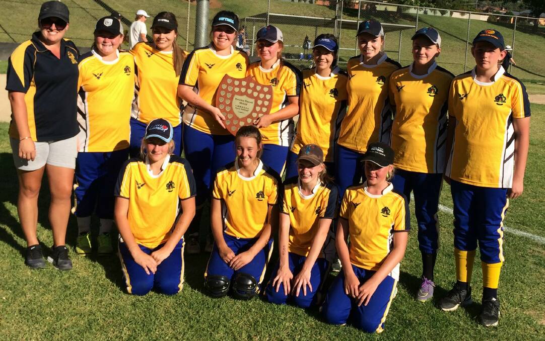 CHAMPIONS: Kooringal High School's softball team celebrate their Katrina Powell Shield victory at French Fields on Wednesday. Picture: Jock Currie