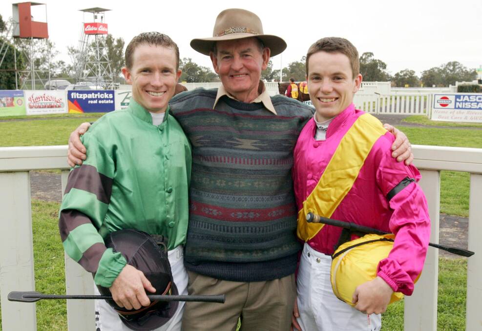 Peter Clancy with Brad (left) and Tim Clark (right) at Murrumbidgee Turf Club back in 2005. Picture by Kerrie Stewart