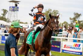 Young's Tyler Schiller is all smiles after returning a winner on Fawkner Park in the $200,000 Wagga Gold Cup (2000m) at Murrumbidgee Turf Club on Friday. Picture by Les Smith