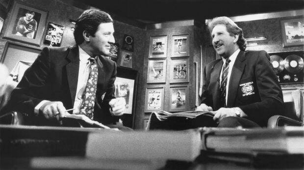 Ken Sutcliffe, left, and Max Walker present Channel Nine's Wide World of Sports in 1989.  Photo: SIMON ALEKNA