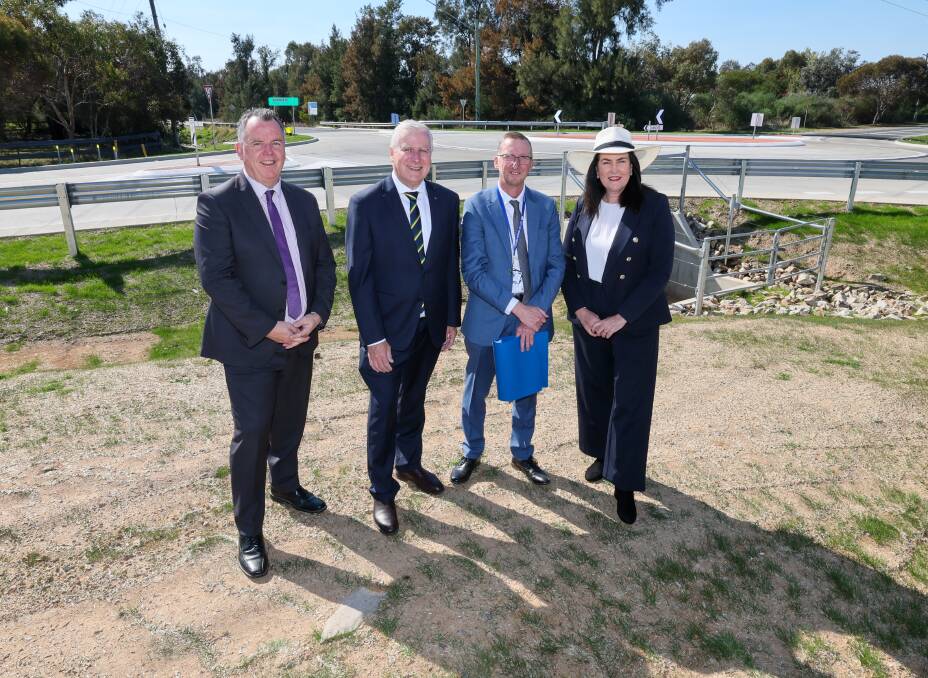 Wagga mayor Dallas Tout, Member for Riverina Michael McCormack, Wagga City Council's director of strategy and projects Phil McMurray and Senator Deborah O'Neill at the Holbrook Road and Dunns Road intersection. Picture by Les Smith 