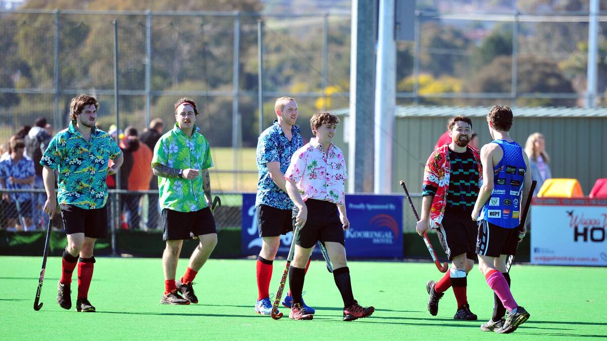 COLOURFUL: Packham Cup, Neapolitan Destroyers, and the Backyard Bogans, prepare to battle during hockey at Jubilee Park at the weekend. Picture: Kieren L Tilly