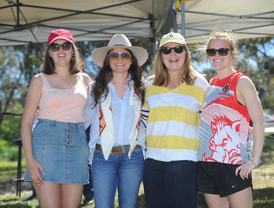 SUPPORT: Georgia Woodhouse, Hannah Williams, Jemima Jones and Maddy Reid at the CSU Bushpigs and Ag College charity match at Peter Hastie Oval. Picture: Laura Hardwick