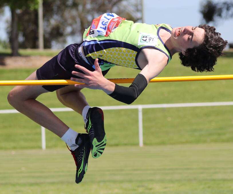 JUMP: Kobe Priest, 15, from Kooringal-Wagga Athletics Club, clears the bar at 1.6m during the club carnival at Jubilee Park.