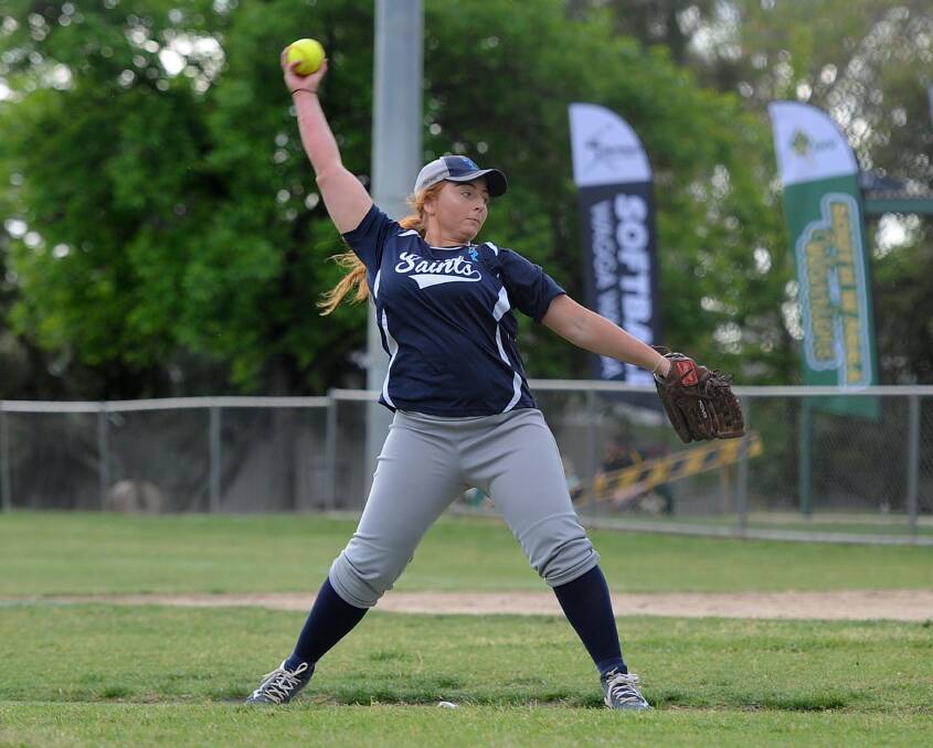 LINE 'EM UP: Tessa McGlynn sends a pitch down in the Wagga first grade softball match between South Wagga and Saints at the weekend. Picture: Laura Hardwick