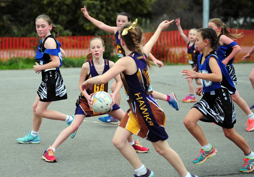 HAWKS: Under-11s EWK netballer Rowan Smith holds the ball during the junior netball game against TRYC on Sunday morning at Gumly Oval. Picture: Kieren L Tilly
