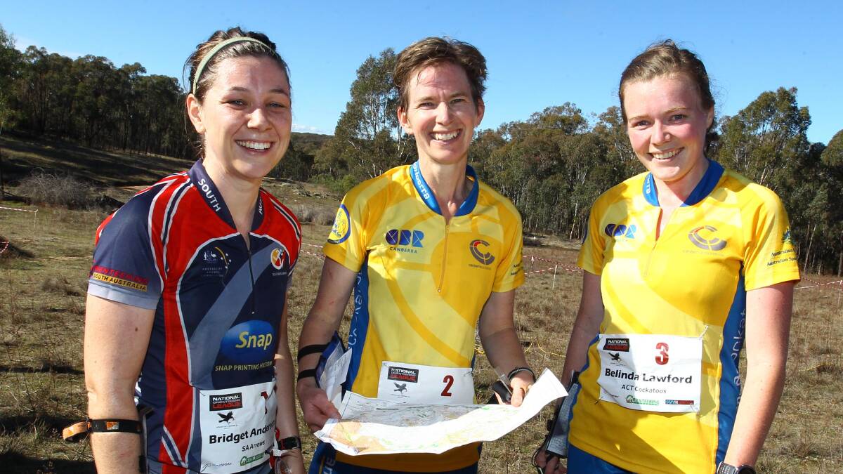 FIT: Women's 21 elite top three, third-placed Bridget Anderson from Southern Arrows club, first-placed Jo Allison and second-placed Belinda Lawford, both Canberra Cockatoos, at the weekend orienteering event. Picture: Les Smith