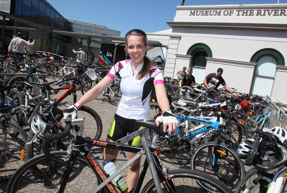 BIKE TRIBE: Meriska Lourens from Cammeray prepares for the Gears and Beers festival at the Wagga City Council Chambers forecourt on Sunday. Picture: Les Smith