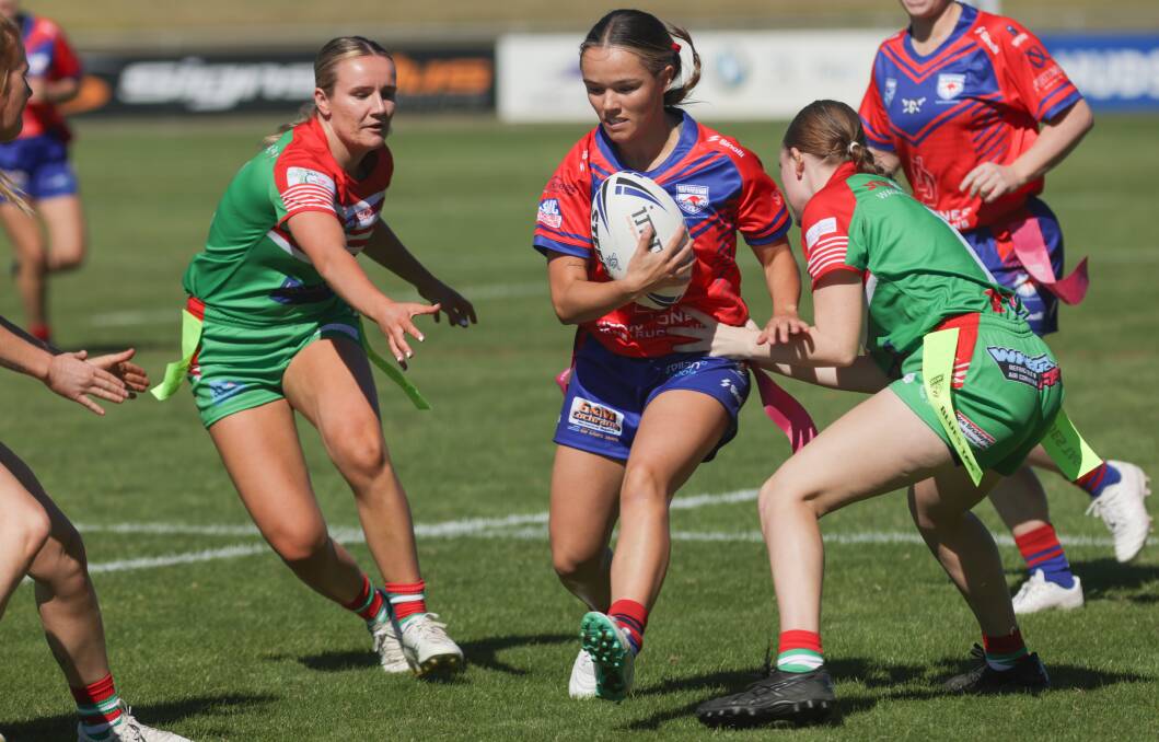 Wagga Kangaroos' Shanae Pope is tagged by the Brothers defenders. Picture by Tom Dennis