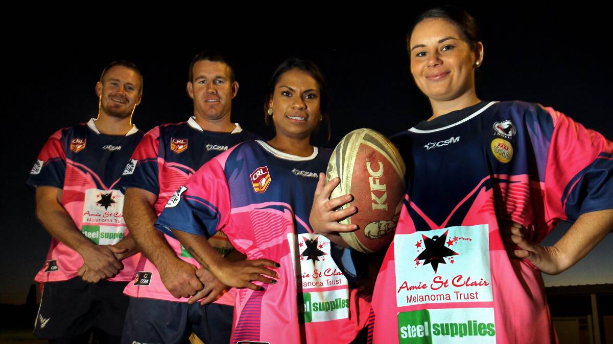 GOOD CAUSE: Southcity players Nick Skinner, Hayden Jeans, Tahmecca Stoll and Tarnie Brown show off the pink jumpers. Picture: Les Smith