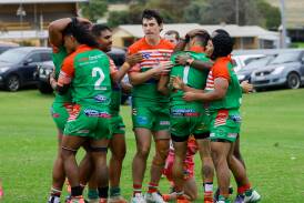 Brothers players celebrate a try during their 42-6 win over Junee at Laurie Daley Oval on Saturday. Picture by Bernard Humphreys