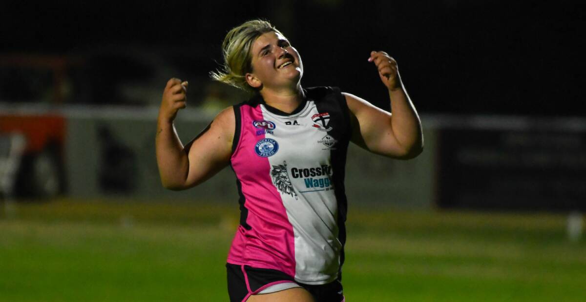 North Wagga's Zoe Cunial rues a missed shot on goal in the Southern NSW AFL Women's League semi-final against Coolamon at McPherson Oval on Thursday night. Picture by Bernard Humphreys