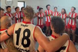 Charles Sturt University celebrate their second win from as many games at Peter Hastie Oval on Saturday. Picture by CSU FNC