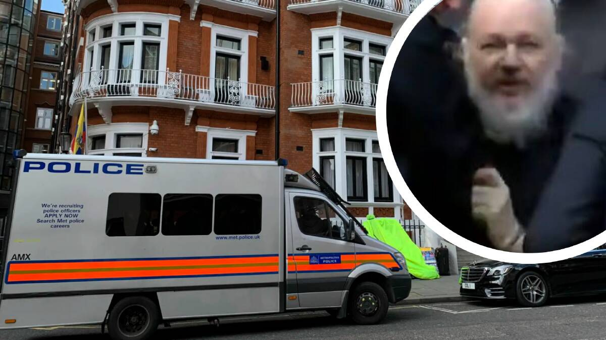 A police van parked outside the Ecuadorian embassy in London after Julian Assange was arrested.  Julian Assange (inset) as he was taken from the embassy.