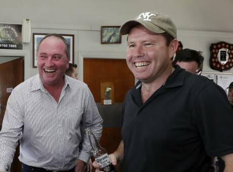 Barnaby Joyce and Andrew Broad having beers at the Aero Club at the Tamworth Airport, during the New England by-election in 2017. Photo: Alex Ellinghausen