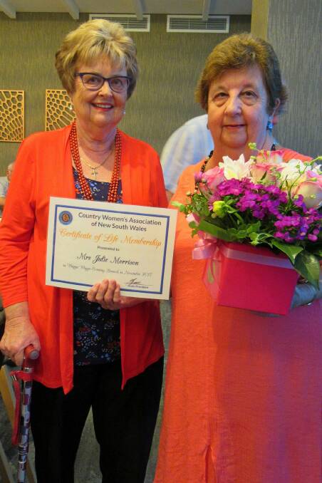 CONGRATS: Julie Morrison of Wagga Evening Branch of CWA was presented with Life Membership by Riverina Group President Anne Phegan for over 45 years' service.