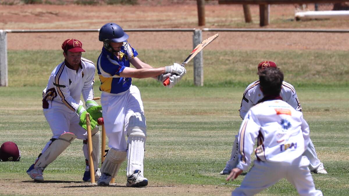 GOT HIM: Jayden Beattie is bowled by Lachie Skelly during Lake Albert's big win over Kooringal Colts at Harris Park on Saturday. Picture: Les Smith