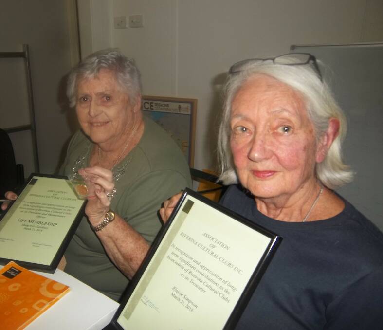 ART: Margaret Gardiner, president-chairman, and Elaine Simpson, treasurer, have retired from the Association of Riverina Cultural Clubs Inc board. Mrs Gardiner was also awarded life membership for her service. Picture: Contributed