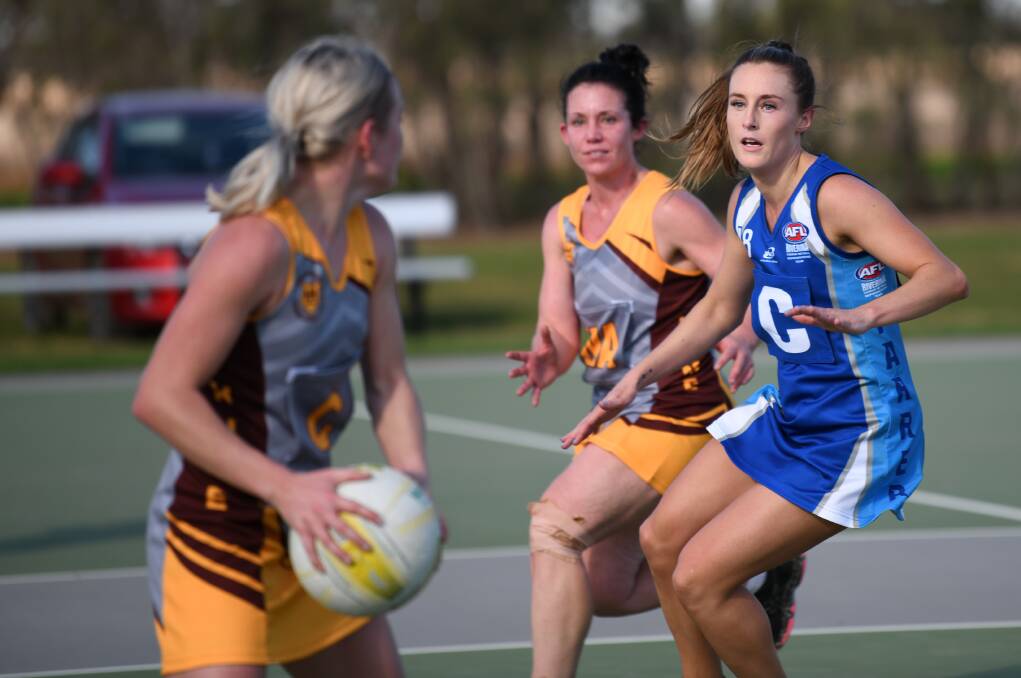 REPRESENTATIVE: Shinead Kilroy and Margie Johnson during Hume's one-point win in their clash against Farrer at Osborne for the representative round at the weekend.