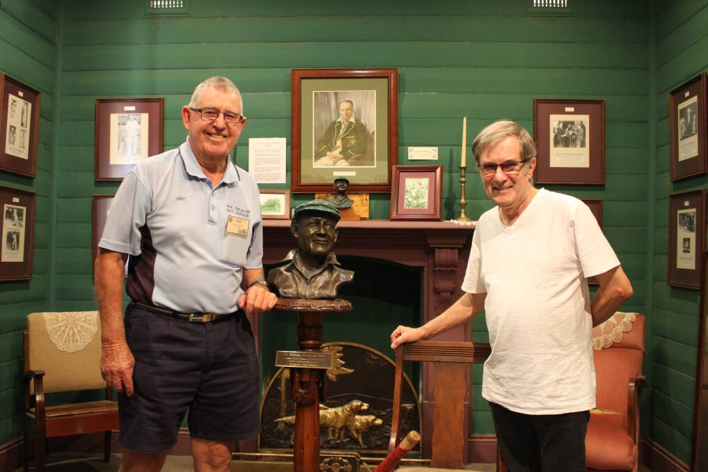 TOURIST: Eric Thorburn is just one of the volunteers who keep Bradman’s Birthplace at Cootamundra open to visitors, such as Gold Coast's Don Jarman. Picture: John Malone