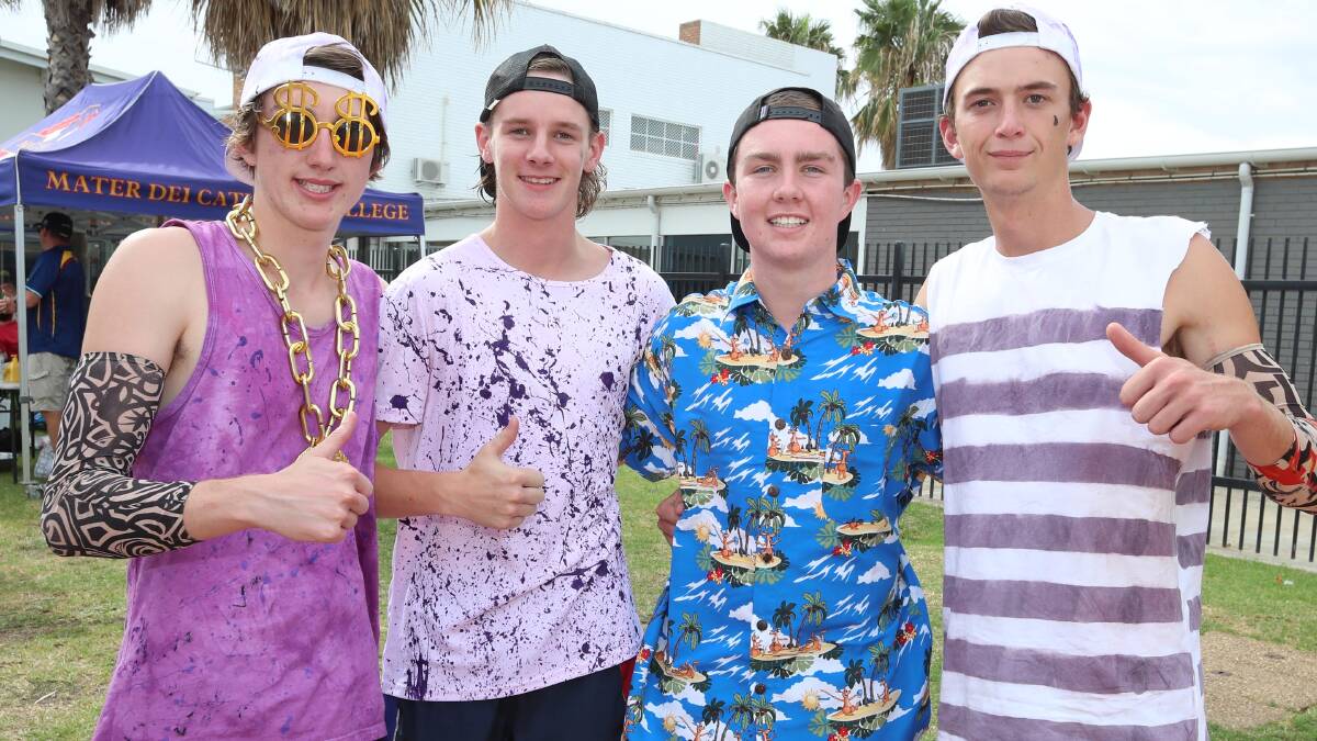 MATES: Ben Male, James Whiting, Kyle Hall and Lachie Johnson at Mater Dei Catholic College swimming carnival at the Oasis last week. Picture: Les Smith