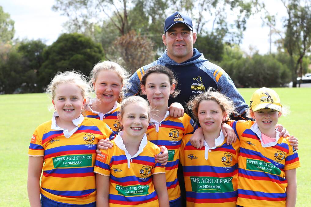 GET SPORTY: Lotti Ryan, Sophie Tapper, Jessica Topper, Issi Homfrey, Josh Mann-Rea, Zara Haddrill and Lara Strong at the Brumbies Gala Day. Picture: Emma Hillier