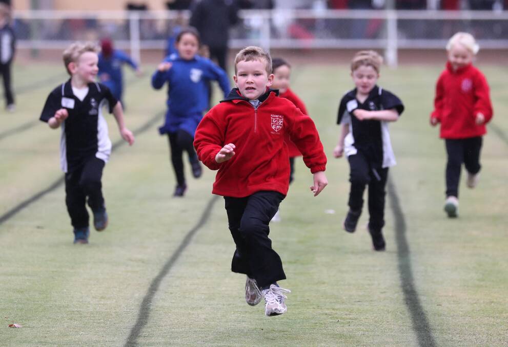 FAST: Jacob Doolan, 6, from Pleasant Hills Public School leads the charge to win the 70m race during the Greater Kengal athletics carnival at Jubilee Park. Picture: Les Smith