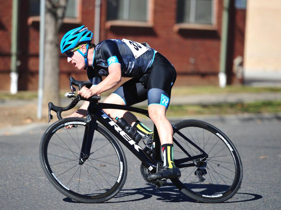LOCAL HOPE: Wagga Cycling Club's Myles Stewart matches it with the big boys in the division one criterium event on Sunday. Picture: Kieren L Tilly