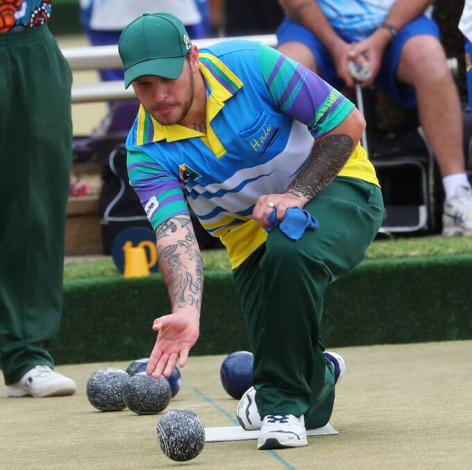 ROLLING: Zach Cottam sends a bowl down during the Wagga RSL Classic Fours.