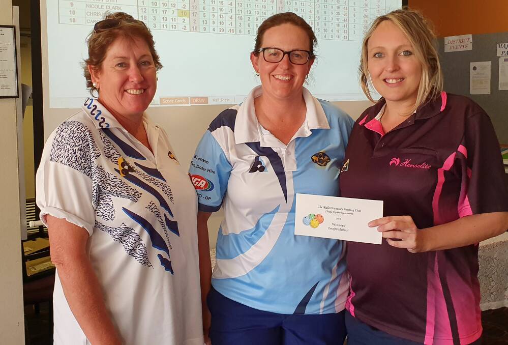 GRINNERS: Jodie Russell, Stacy Hague and Steph Puttock after winning the Rules Women's Invitation Triples Tournament.