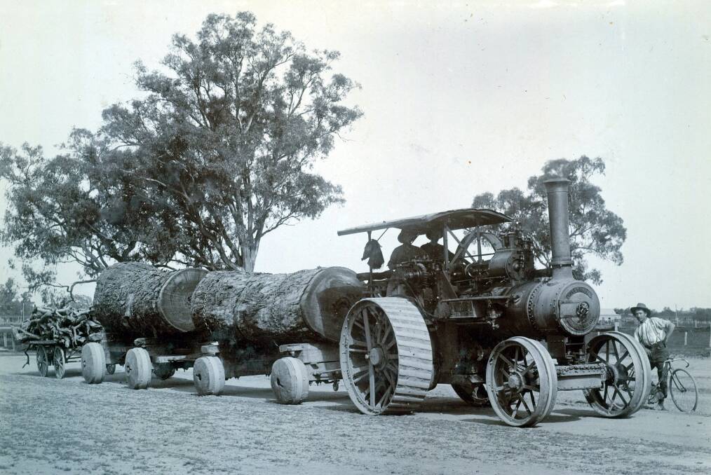 Log hauling with a steam traction engine. For previous editions of In the Past, go to www.dailyadvertiser.com.au. Supplied picture (Museum of the Riverina, Anthony Brunskill album)
