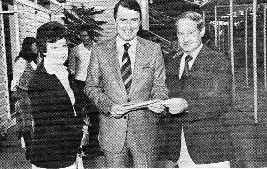 OCCASION: Pictured at centenary celebrations for North Wagga Public School in 1980 are Pam Sweeney (Parents and Citizens Association vice-president), Premier Neville Wran and Ray Fielder (principal). Picture: Sherry Morris Collection