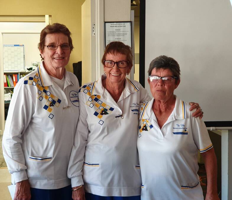 CHAMPIONS: Winners of The Rules Club Invitation Pairs Anne Leonard and Lynn Eggleton with ladies president Joan Stair (middle). 