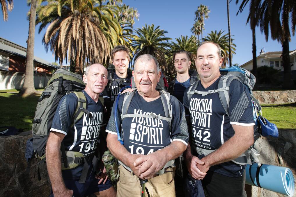 TRAINING: Peter Clancy, Brad Pietsch, Michael Pietsch,Hayden Keatings and Paul Bennie will tackle the Kokoda Track together later this month after months of training along Nail Can Hill. Picture: JAMES WILTSHIRE