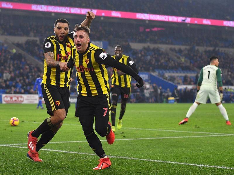 Watford's Gerard Deulofeu and Troy Deeney (l) shared the five goals in the EPL win at Cardiff City.