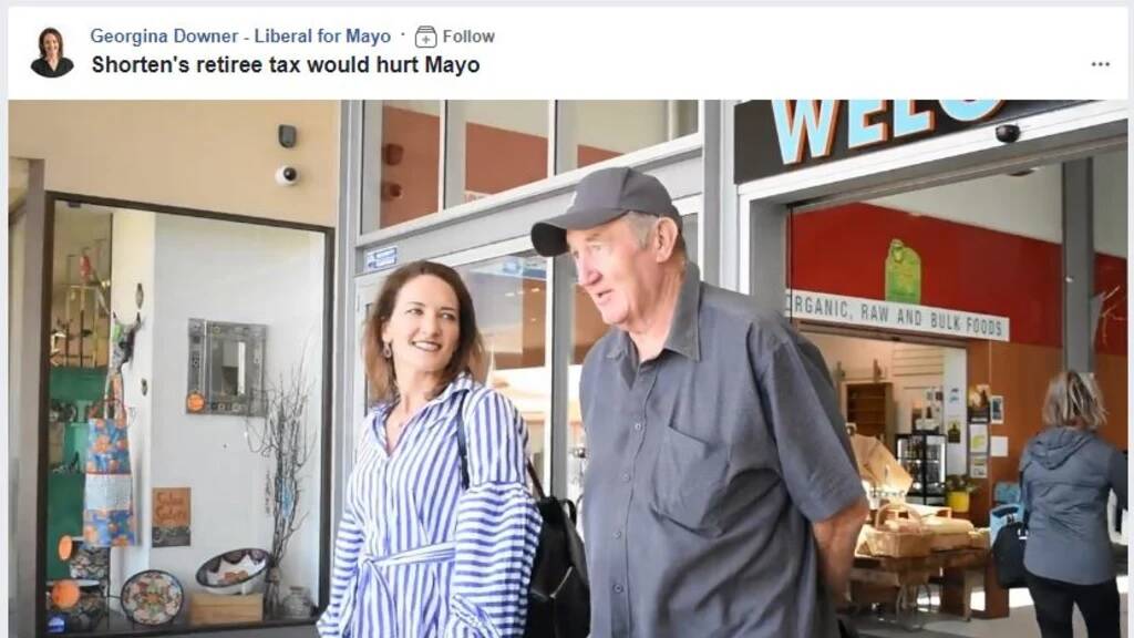 Liberal candidate for Mayo Georgina Downer and Jim Bonner in a still from the campaign video. Photo: Facebook.